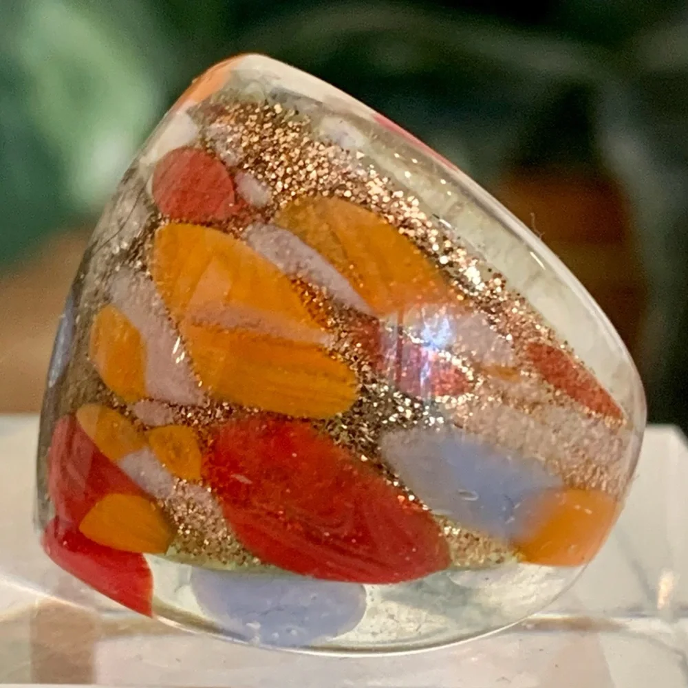 Vintage Murano Style Art Glass Hand Blown Lampwork Confetti Dome Ring Size 7